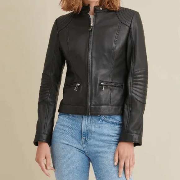 Women’s Stitch Shoulder Leather Jacket With Nipped Waist Quilted Shoulder Wilson